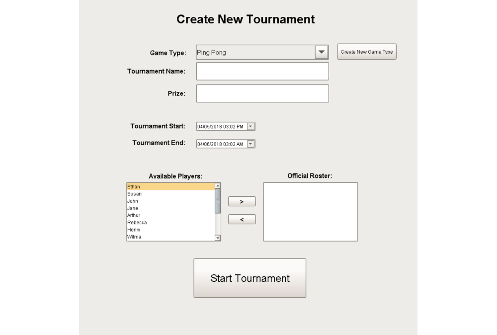 Screen - Create New Tournament