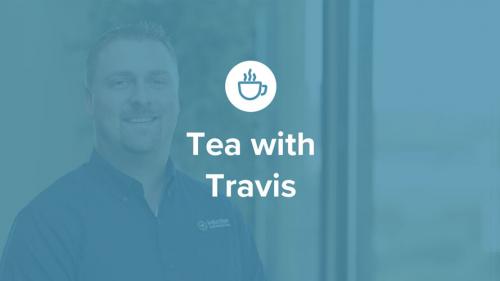 Headshot of Travis Cox with icon of a teacup