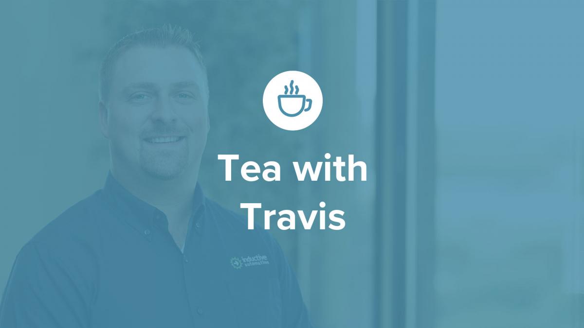 Headshot of Travis Cox with icon of teacup