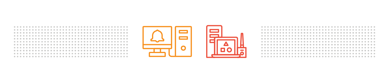 This graphic portrays an orange computer symbol on the left and red machinery symbols on the right.