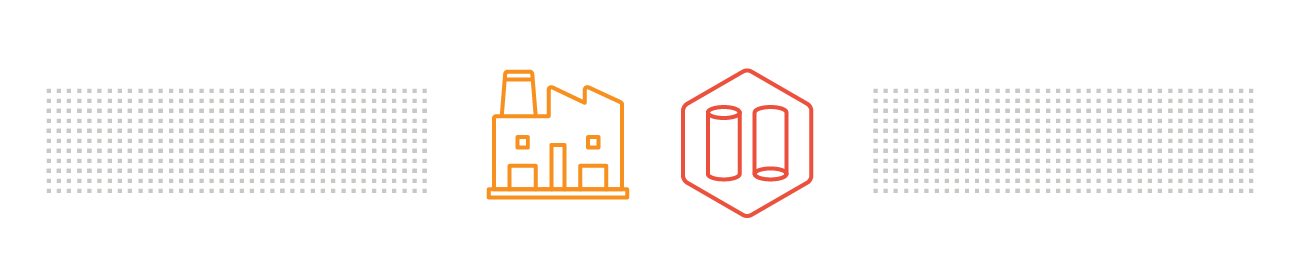 This graphic portrays an orange factory on the left and a red hexagon surrounding two cylinders symbol on the right.