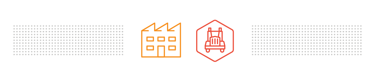 This graphics shows an orange factory symbol on the left and a red hexagon surrounding a truck symbol on the right.