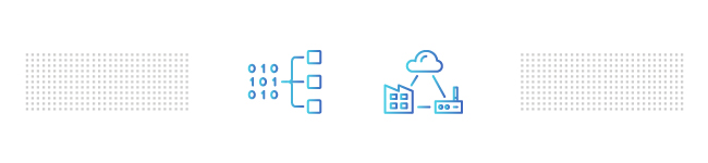 Banner of binary code on the left and a factory graphic connected to the cloud on the right.