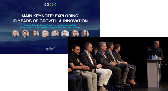 Graphic of the ICC X Main Keynote speakers in the top left and a picture of the speakers from the keynote on the bottom right. 