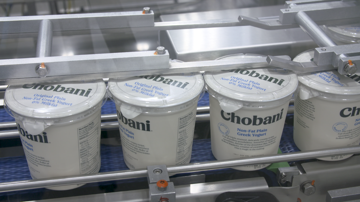 Picture of Chobani Non-Fat Plain Greek Yogurts on the production line.