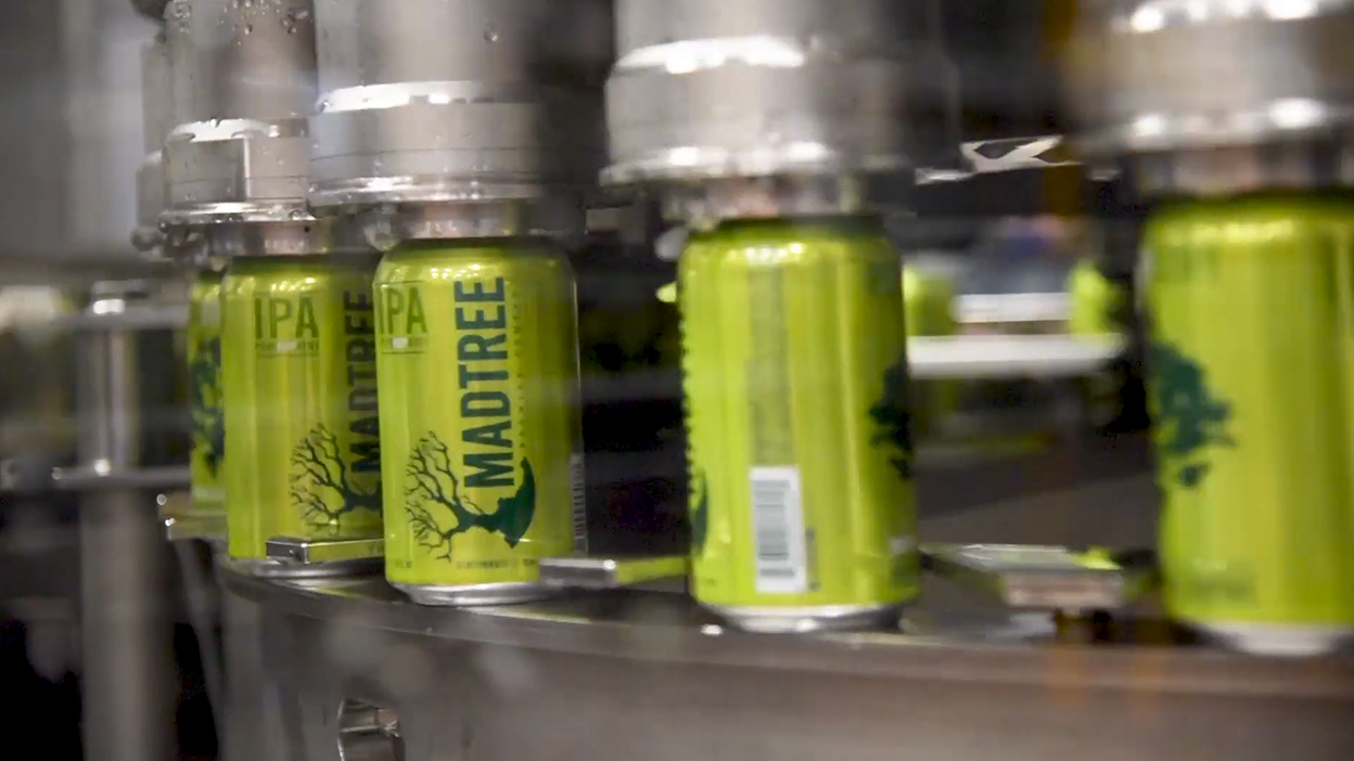 Picture of canned MadTree IPA beers on the production line.