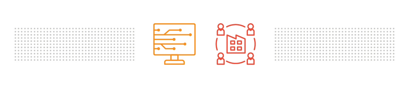 This graphic shows an orange monitor symbol on the left and four red people surrounding a factory symbol on the right.